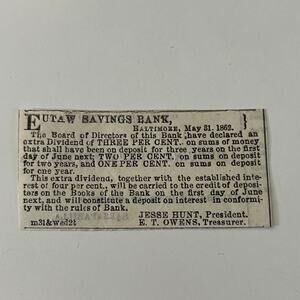 Eutaw Savings Bank J Hunt Baltimore 1862 Civil War Baltimore Clipping SAJ2-S25